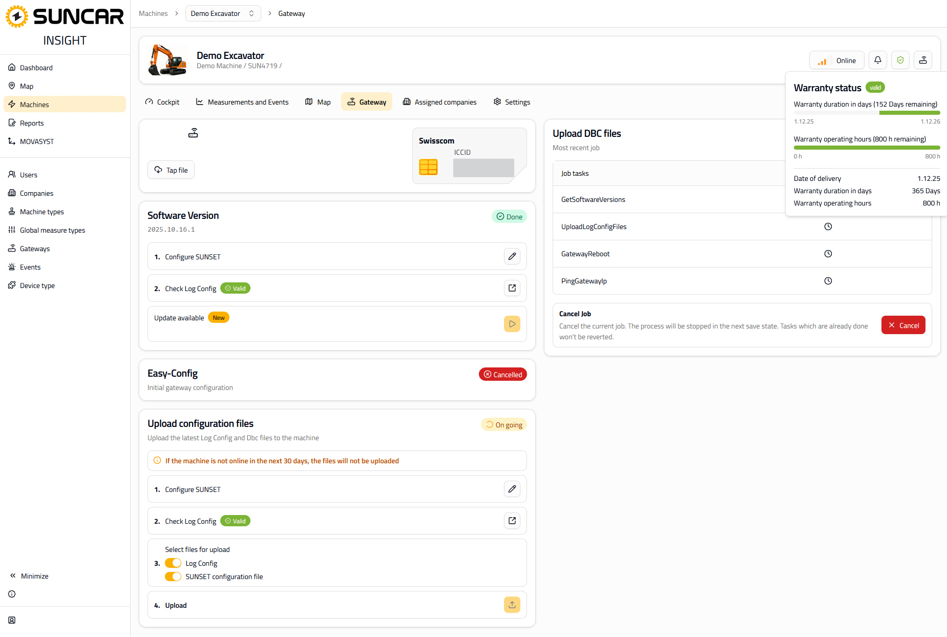 SUNCAR AG Technologiepartner für elektrische Off-Highway Systeme SUNCAR Insight dashboard for Demo Excavator gateway, showing Software Version, Upload DBC files, and status panels.